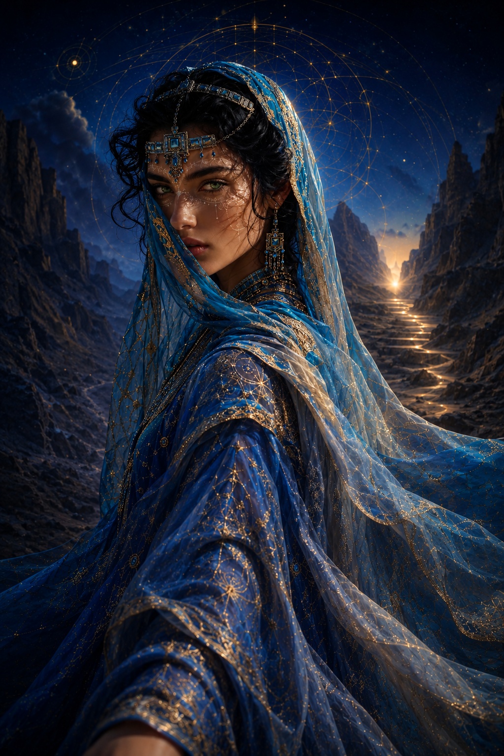 A woman in a blue and gold veil looks back toward the viewer beside an illuminated mountain path.