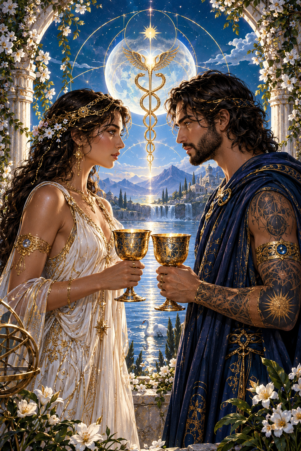 Two figures face each other holding golden cups beneath a winged caduceus and moon