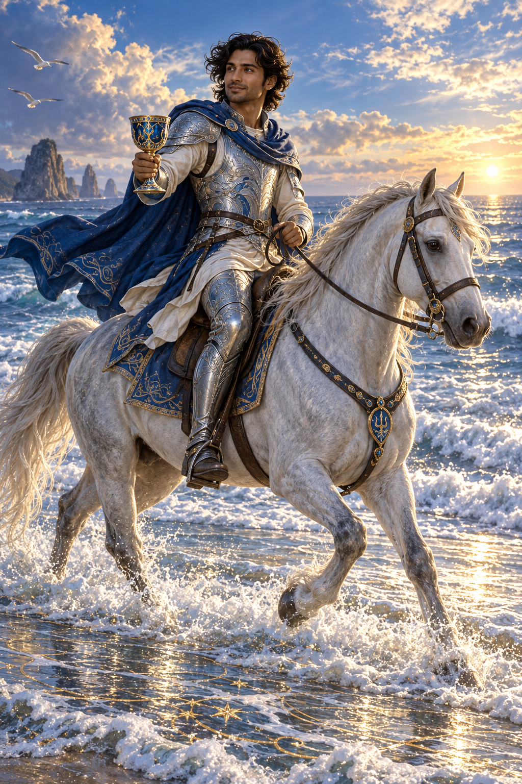 An armored rider extends a blue-and-gold cup while riding a white horse through ocean surf.