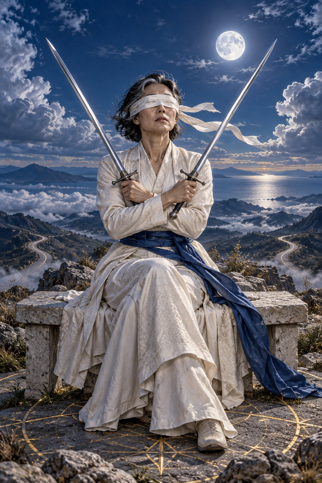 A blindfolded figure holds two swords with crossed arms, with diverging roads and a moonlit sea behind them.