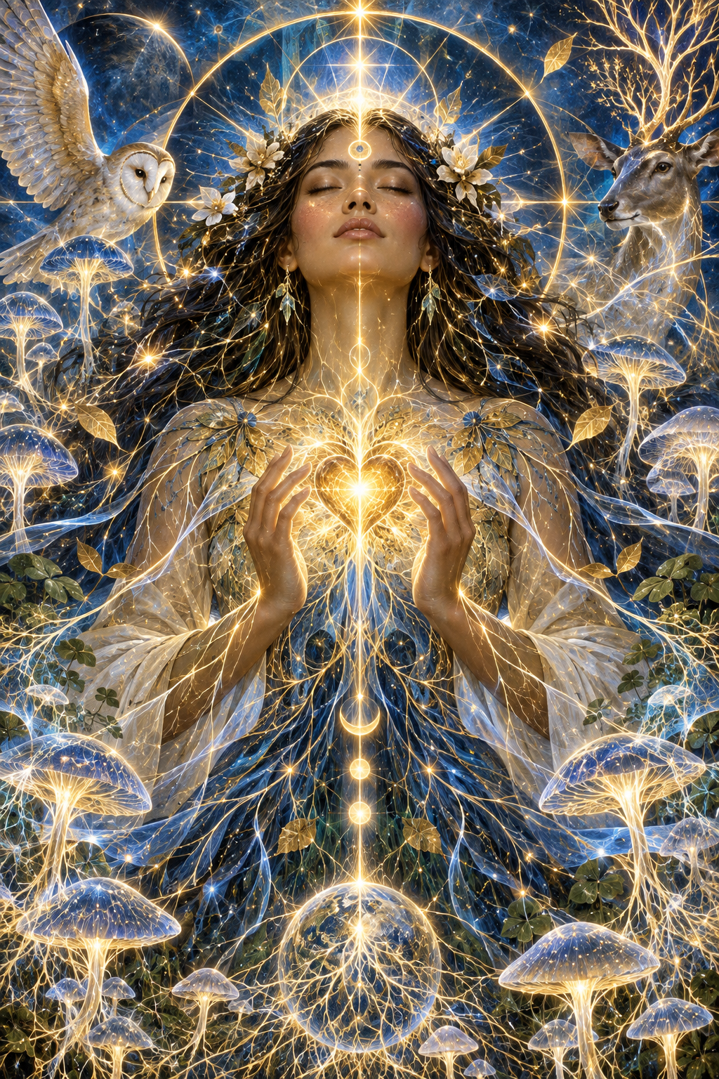 A woman holds her hands around a luminous heart, with golden networks connecting mushrooms, an owl and a deer.