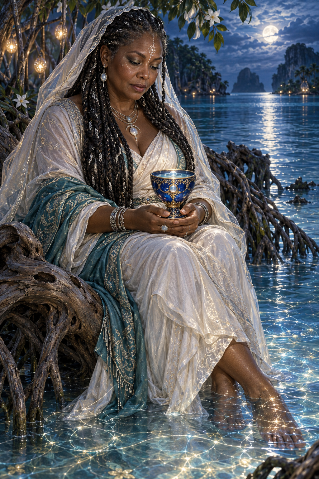 A woman in white and teal robes holds a luminous cup, seated among tree roots beside moonlit water.