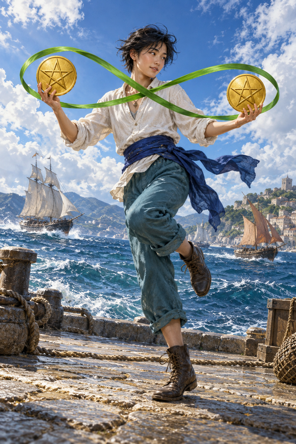 A figure balances on one foot while holding two golden pentacles linked by a green infinity ribbon beside a busy harbor.