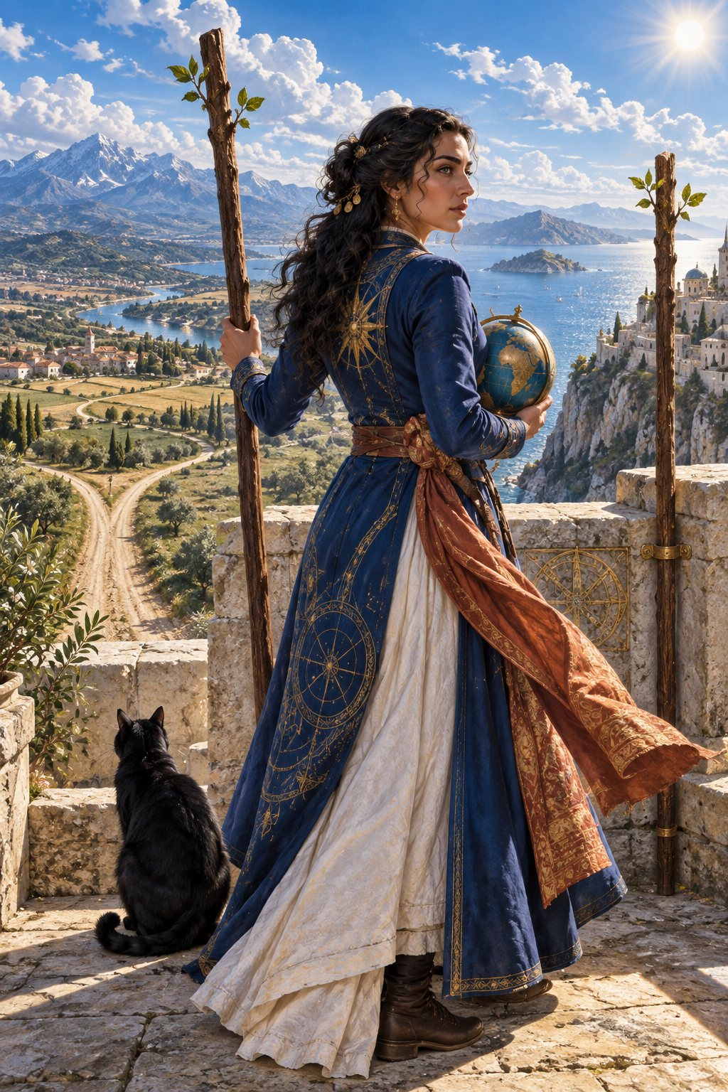 A figure holds a globe between two upright wands, overlooking winding roads and a bay, with a black cat nearby.