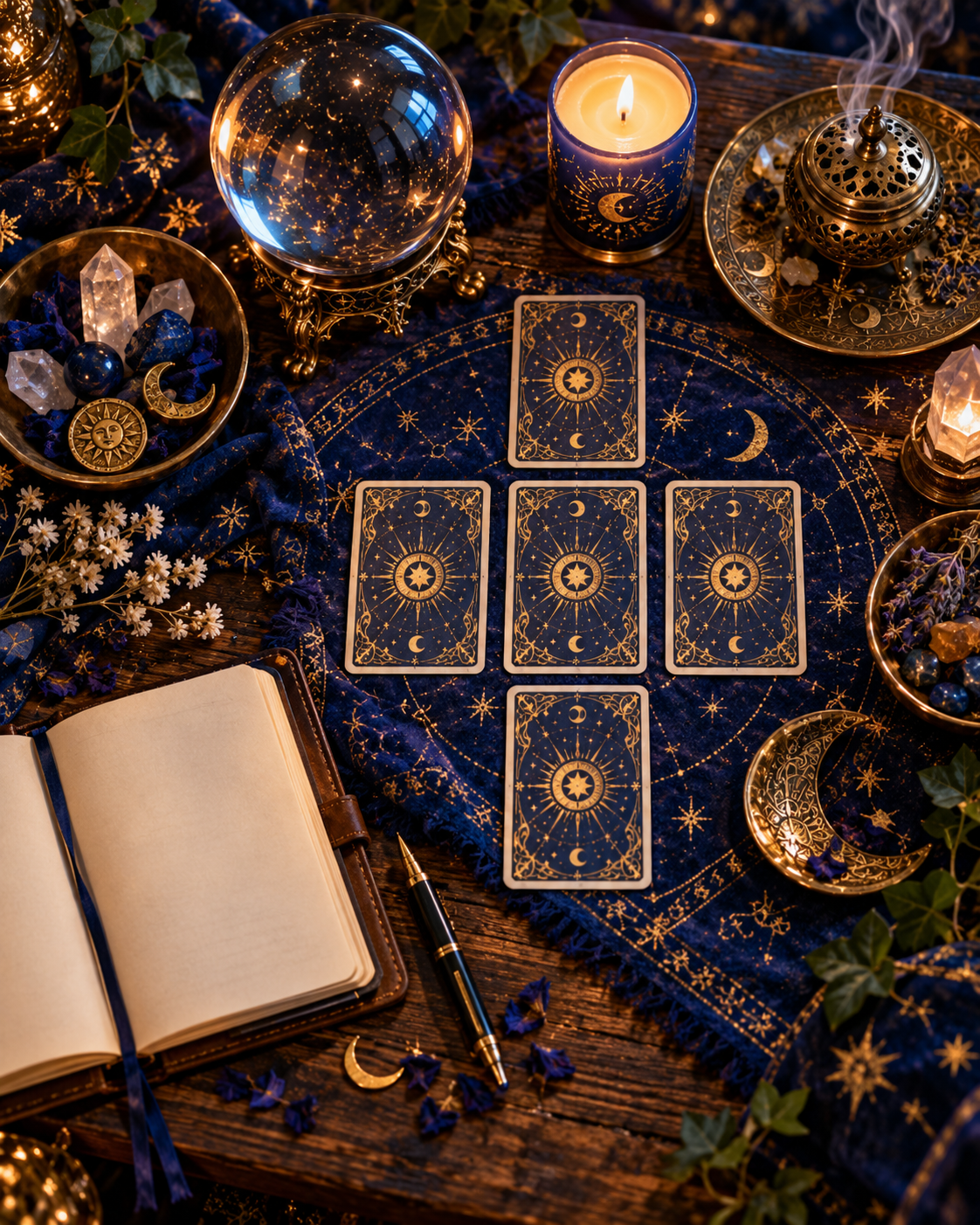 An open blank journal and pen beside face-down tarot cards, a crystal ball and candle on blue and gold cloth.