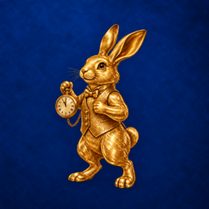 Golden rabbit holding a pocket watch on a sapphire blue background