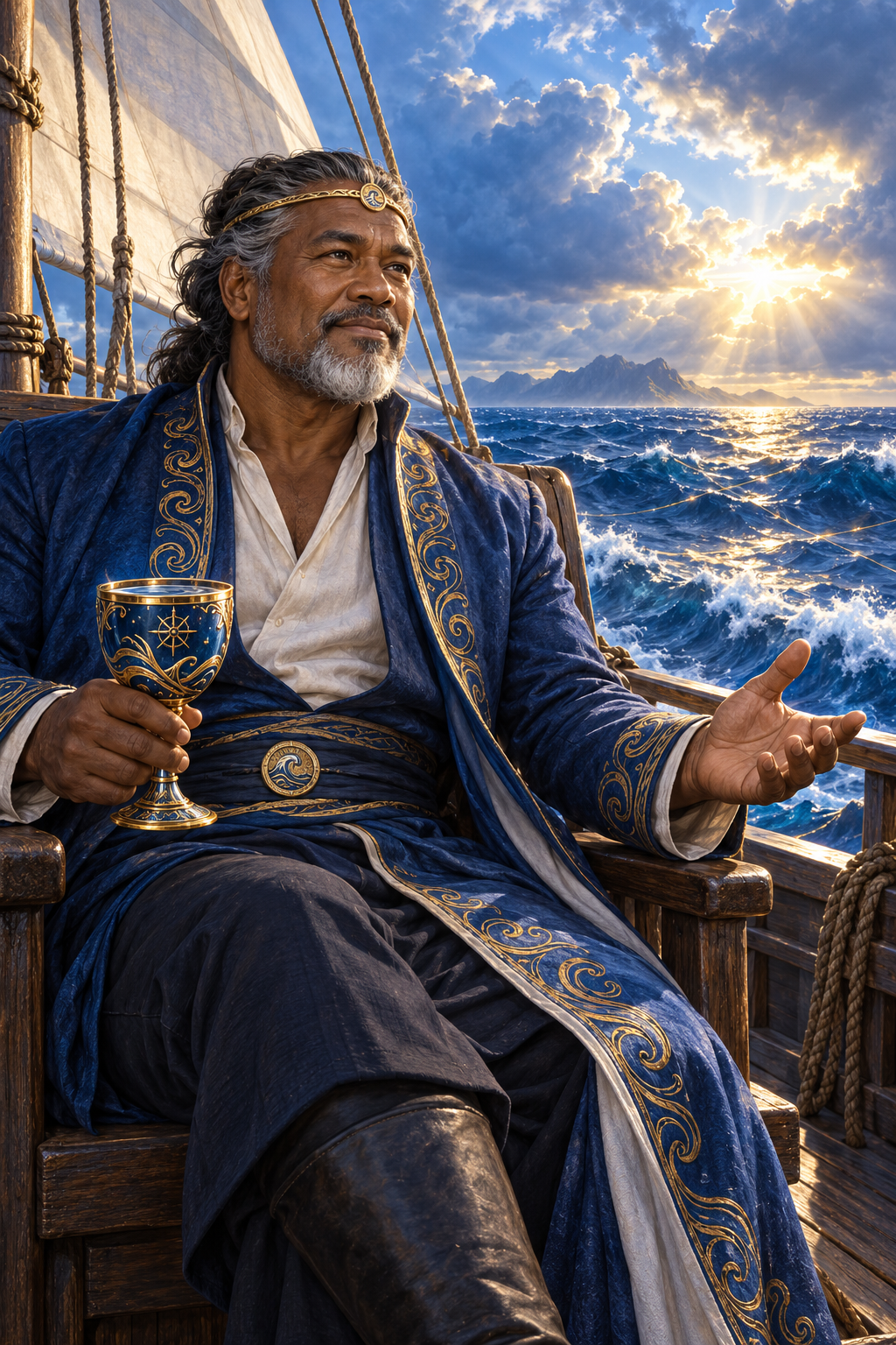 A gray-haired man sits aboard a sailboat, holding a cup and extending an open hand above rolling blue waves.