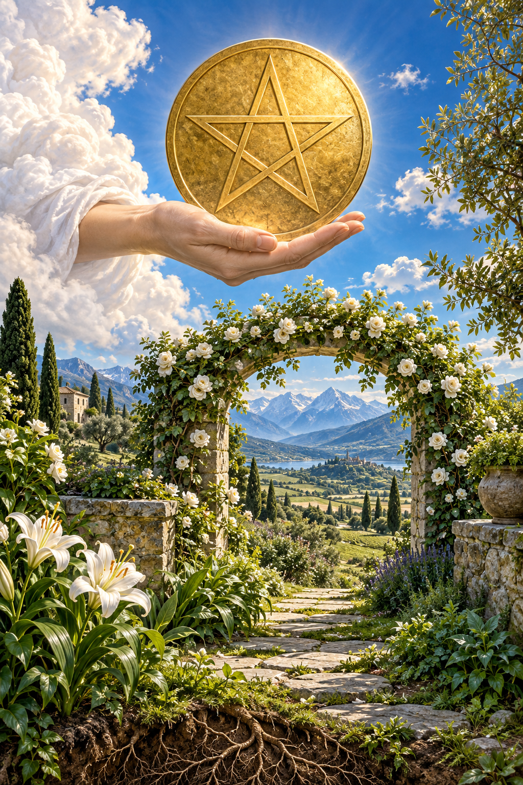 A hand offers a golden pentacle above a garden path framed by white roses