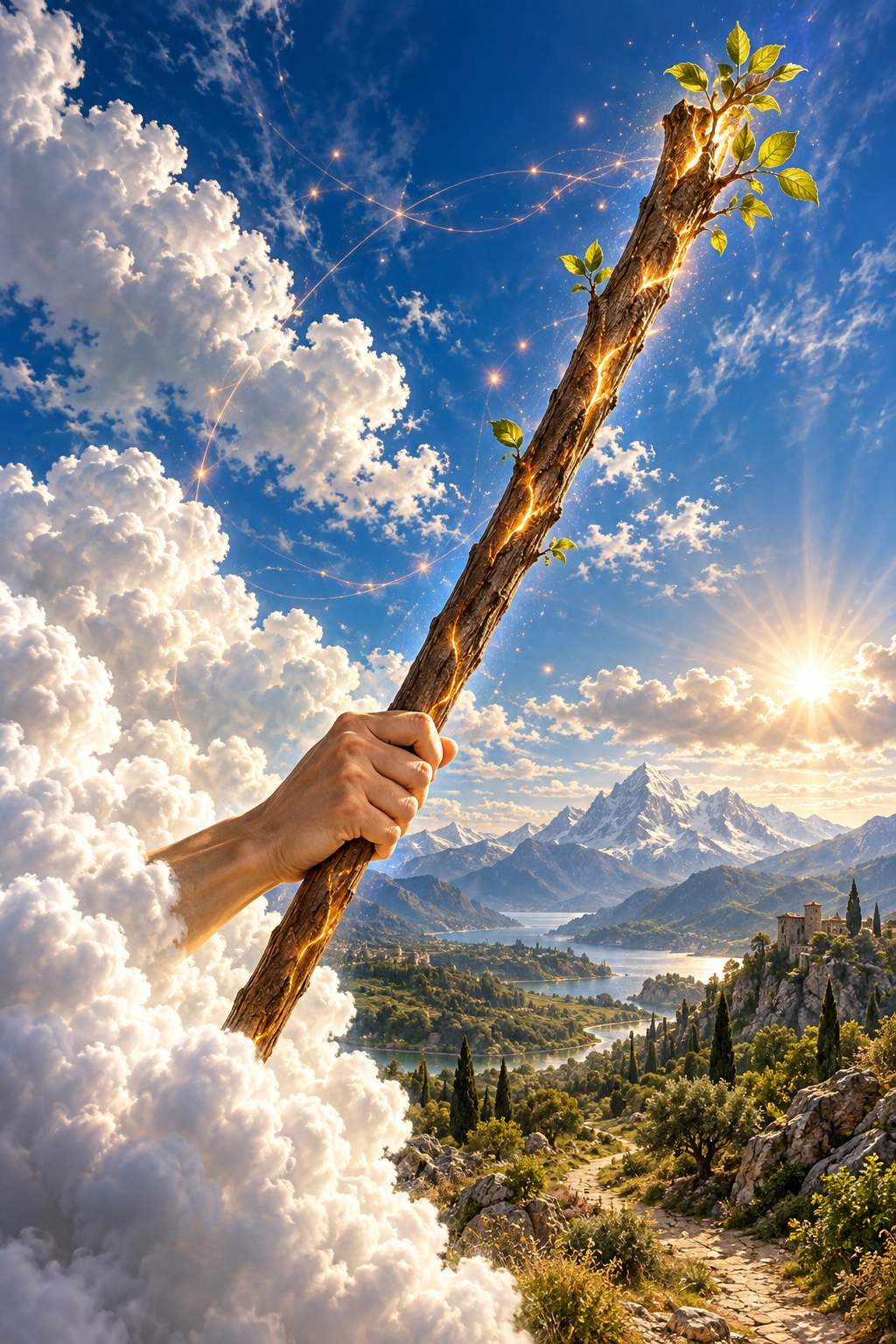 A hand holds a budding wand glowing with golden light above a sunlit mountain valley.