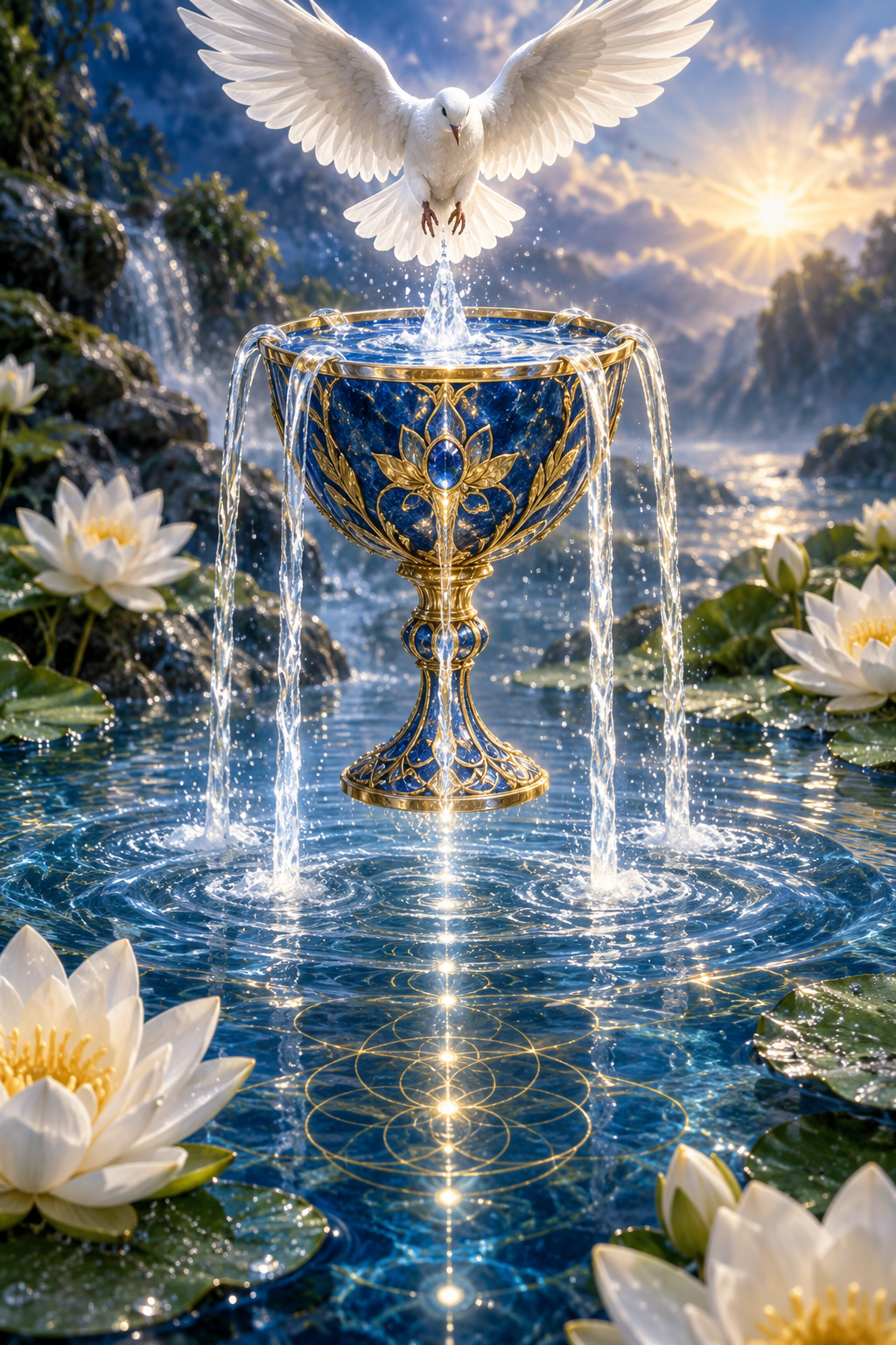 A white dove descends above an overflowing blue-and-gold chalice surrounded by water lilies.